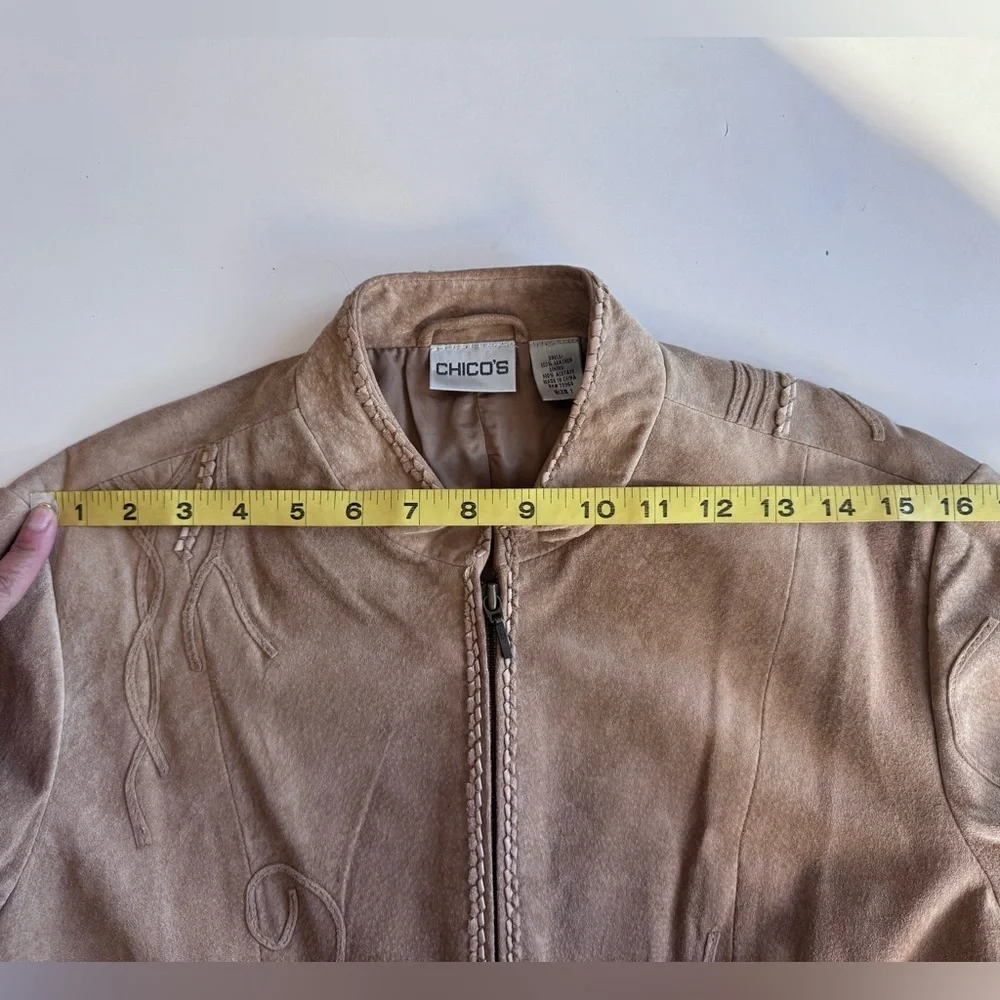 Chico’s Tan Brown Leather Suede Boho Festival Embroidered Zip Up Jacket Women’s